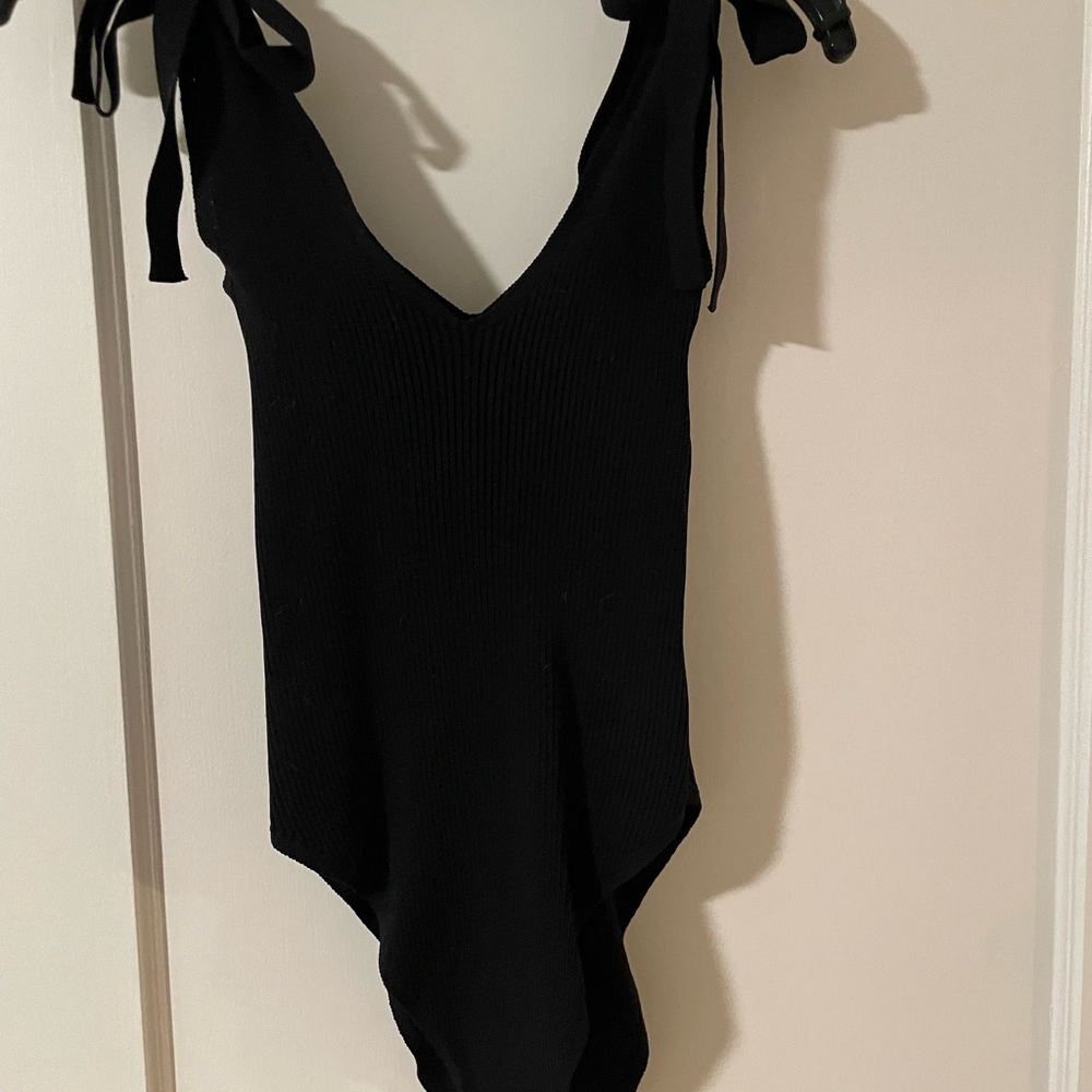 Black Ribbed Bodysuit with Tie Straps